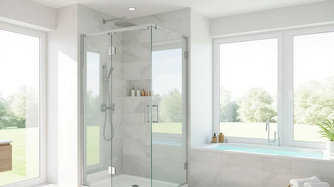 A frameless glass shower door with chrome hinges on a tiled corner shower
