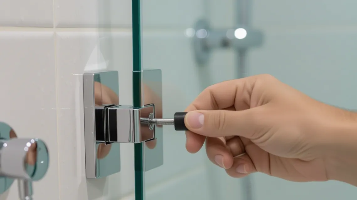 A hand tightening a chrome hinge on a frameless glass shower door